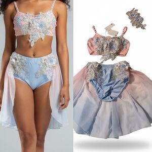 Glamour solo dance costume 2 piece blue pink embellished EUC LC child